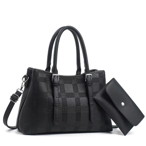 Fashionable Litchi Texture Embossed Grid Tote Bag And Pouch Set With Detachable Shoulder Strap Minimalist Women Handbag Daily