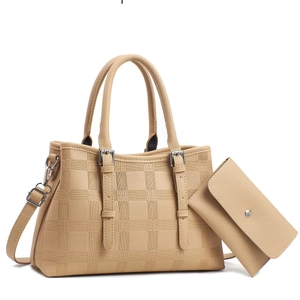Elegant plaid embossed tote bag set with matching wallet in apricot textured faux leather