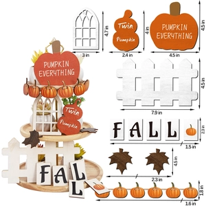 Fall layered tray decor set with wooden pumpkin signs and maple leaf measurements