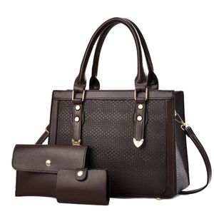 Ensemble de 3 sacs marron foncé avec texture tissée, sac à main, portefeuille et porte-carte