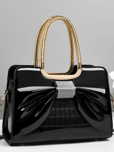 Sac Main Élégant Cuir Verni PU Femmes Nœud Strass Motif Crocodile Poignée Métal Tissée Dorée Bandoulière