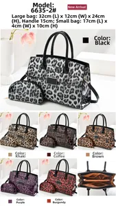Detailed size chart for leopard print handbag set including dimensions for both bags