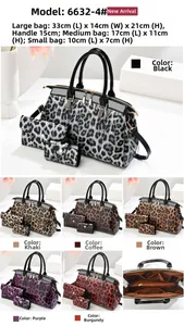 Detail view of leopard print tote bag 3-piece set showing sizes and multiple colors