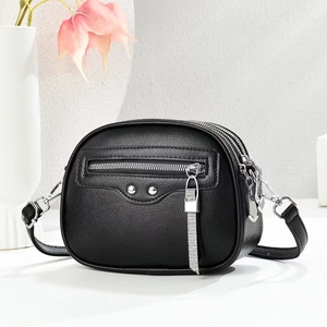 Women Crossbody Bag PU Leather Litchi Texture Triple Zipper Pockets Rivet Tassel Decor Small Shoulder Phone Camera Bag