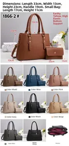 Detail view of large lychee texture leather tote bag set with dimensions and color options