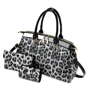 Three-piece leopard print handbag set including tote, envelope clutch and card holder
