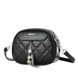 Chic black quilted PU leather mini crossbody bag with fashion bear charm and silver hardware