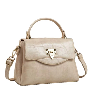 Beige crocodile embossed handbag with gold metal lock and adjustable shoulder strap