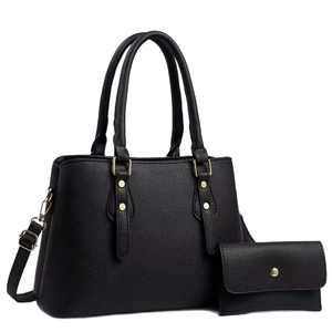 Black pebbled leather tote bag with gold hardware and matching coin purse set