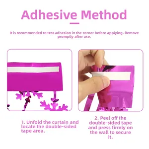 Hot pink snowflake foil fringe curtain with adhesive tape for easy party backdrop setup
