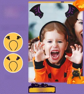 Detail of bat wing headband with purple glitter pattern on black felt fabric