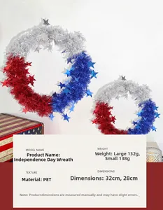 Unabhängigkeitstag Kranz aus PET mit rot blau silbernen Sternen, Größen 28cm und 32cm