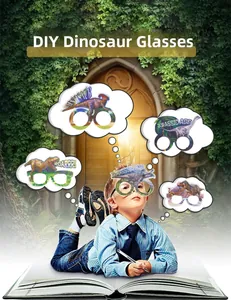Detailed view of DIY paper dinosaur party glasses featuring T-Rex and Triceratops designs