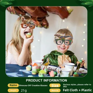 Kids wearing dinosaur felt party glasses with Roarrr text in a festive setting