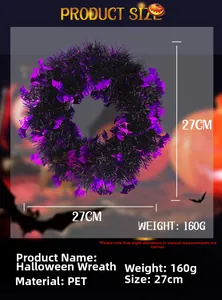 Detail of 27cm purple Halloween wreath with glitter bats and PET tinsel for party decor