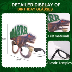 Detail view of felt dinosaur party glasses showing textured Rex pattern and frame size