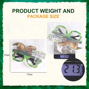 Detailed view of dinosaur party glasses showing dimensions 17cm x 17cm and weight 21.3g