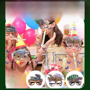 Detail view of four assorted paper dinosaur glasses for kids birthday party favors