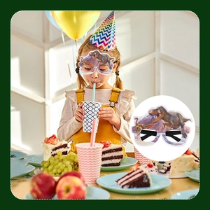 Kid wearing dinosaur paper glasses at a birthday party with T-Rex and volcano graphics