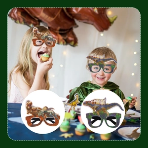 Close-up of dinosaur party eyewear featuring T-Rex designs and ROARRR lettering for kids