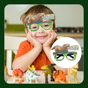 Kids dinosaur birthday party glasses with T-Rex pattern and ROARRR text detail