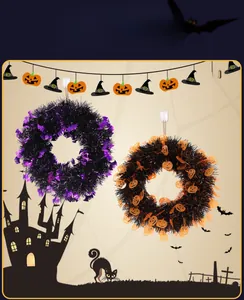 Halloween door wreaths with purple bats and orange pumpkins for party wall decor