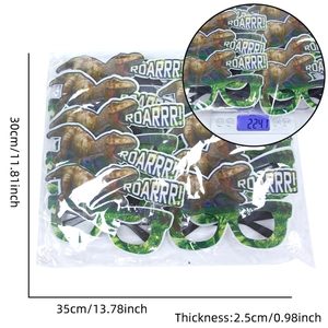 Dinosaur party glasses pack with dimensions and weight display for kids birthday decor