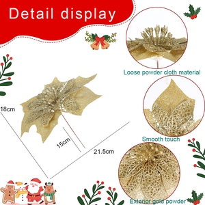 Detailed size view of a 21.5cm gold glitter artificial poinsettia flower for Christmas trees