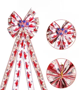 Detail of American flag Christmas bow showing linen texture and secure golden tie wire