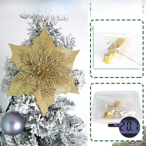 Close-up of golden glitter poinsettia artificial flower decoration for Christmas tree