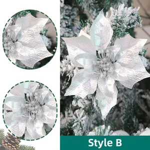 Detail of silver glitter artificial Christmas flower Style B on frosted pine branches