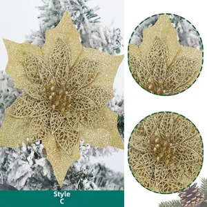 Detail view of Style C gold glitter hollow artificial poinsettia for Christmas tree decor