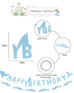 Détail de la banderole d'anniversaire requin avec lettres en feutre 20x14cm et fil