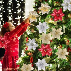 Glitter poinsettia artificial flowers in red gold and silver for Christmas tree decor