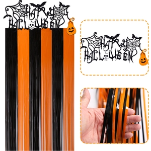 Halloween party background with black and orange fringe curtain and Happy Halloween banner