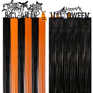 Halloween fringe curtain set with Happy Halloween bat pumpkin skull decorations
