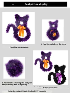 Detail of collapsible tinsel cat wreaths showing folding steps and PET material textures