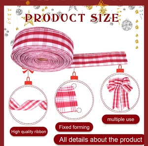 Macro detail of red and white checkered imitation linen ribbon roll for Christmas DIY