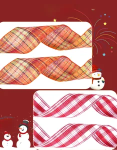 Detailed texture of rustic linen-style plaid ribbon for Christmas tree DIY decor