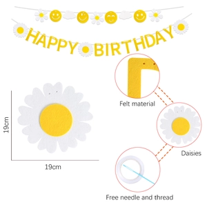 Felt daisy Happy Birthday banner with yellow letters and white flowers for party decor