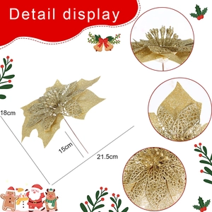 Glittering gold artificial Christmas flower decoration with dimensions and hollow leaf details