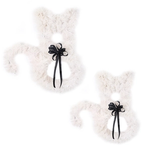 White faux fur cat wreath with black bow Halloween party door hanging decoration