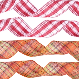 Plaid faux linen Christmas ribbon for tree DIY decoration in red and orange grid patterns