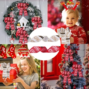 Detailed views of festive Christmas ribbons with HO HO HO prints and belt buckle patterns