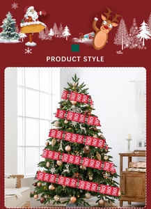 Close-up of red Christmas ribbon with white HO HO HO print wrapped on a festive tree