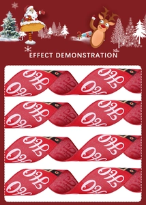 Detail view of red Christmas ribbon featuring festive white Ho Ho Ho holiday prints