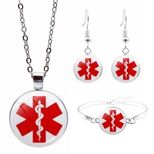 Parure bijoux 3 pièces argentée avec symbole médical Star of Life pour diabète