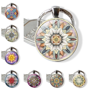 Mandala Flower Glass Gem Keychain Metal Zinc Alloy Geometric Pattern Key Ring Ethnic Style Bag Pendant Jewelry For Men Women