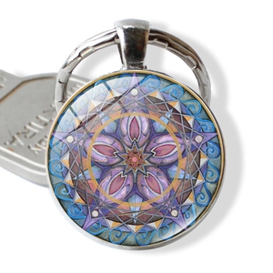 Mandala flower glass gemstone keychain with purple and blue geometric patterns