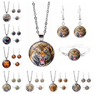 Collier Bracelet Boucles Oreilles Crochet Tête Tigre Bijoux Cabochon Verre Alliage Ton Argent Thème Animal Unisexe